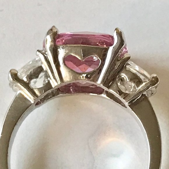 Silver Pink Cubic Zirconia Cocktail Ring Size 9 Plated Triplet Cushion Cut - Picture 9 of 12